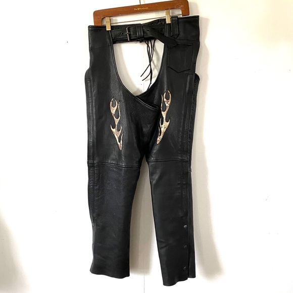 Motorcycle Jacket Chaps Black Leather Flame Snake - Picture 11 of 16